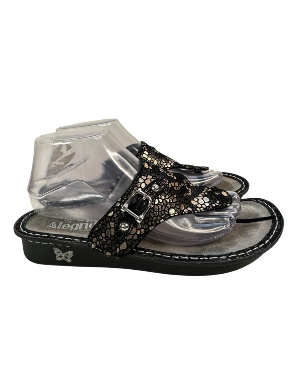 Alegria Vanessa Mosaic Thong Wedge Sandals Black Pewter Womens 8 EU 39